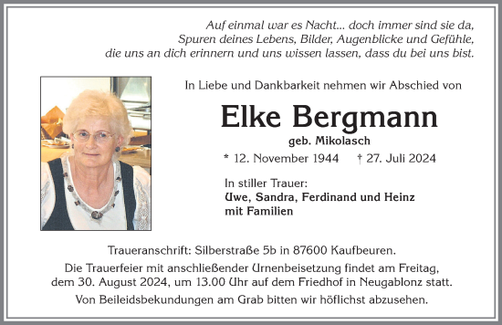 Traueranzeige von Elke Bergmann von Allgäuer Zeitung, Kaufbeuren/Buchloe