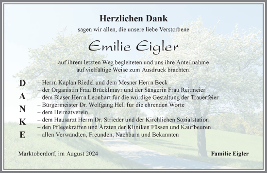 Traueranzeige von Emilie Eigler von Allgäuer Zeitung, Marktoberdorf
