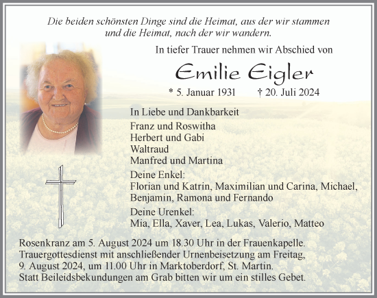 Traueranzeige von Emilie Eigler von Allgäuer Zeitung, Marktoberdorf