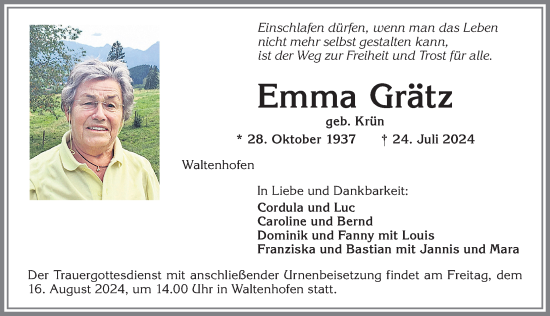 Traueranzeige von Emma Grätz von Allgäuer Zeitung,Kempten