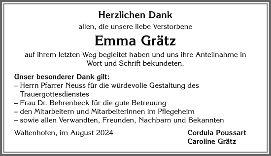 Traueranzeige von Emma Grätz von Allgäuer Zeitung,Kempten
