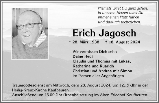 Traueranzeige von Erich Jagosch von Allgäuer Zeitung, Kaufbeuren/Buchloe