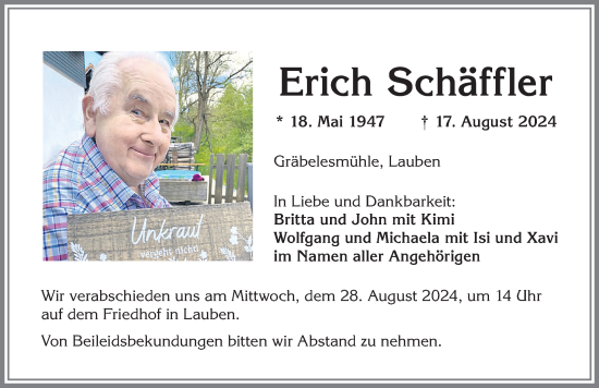 Traueranzeige von Erich Schäffler von Allgäuer Zeitung,Kempten
