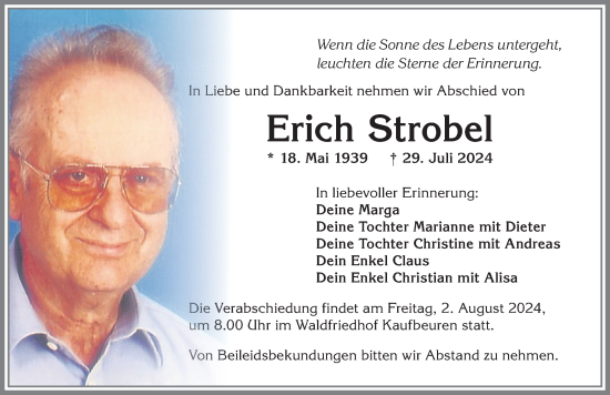 Traueranzeige von Erich Strobel von Allgäuer Zeitung, Kaufbeuren/Buchloe