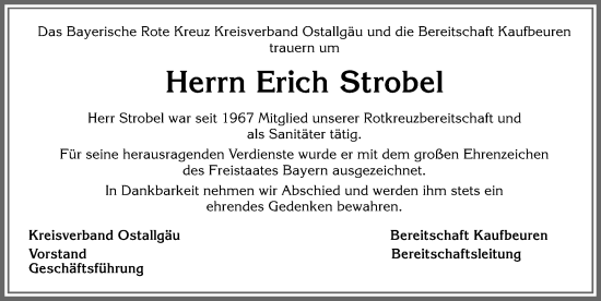 Traueranzeige von Erich Strobel von Allgäuer Zeitung, Kaufbeuren/Buchloe