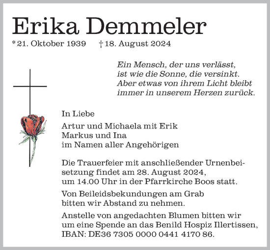 Traueranzeige von Erika Demmeler von Memminger Zeitung