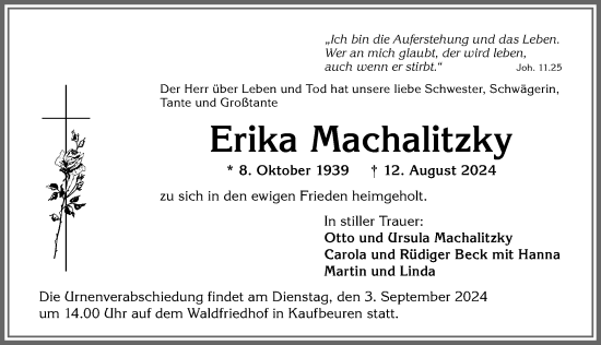 Traueranzeige von Erika Machalitzky von Allgäuer Zeitung, Kaufbeuren/Buchloe
