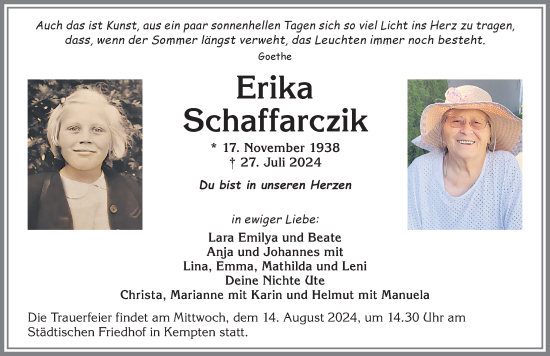 Traueranzeige von Erika Schaffarczik von Allgäuer Zeitung,Kempten