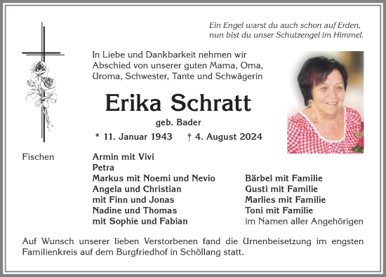 Traueranzeige von Erika Schratt von Allgäuer Anzeigeblatt
