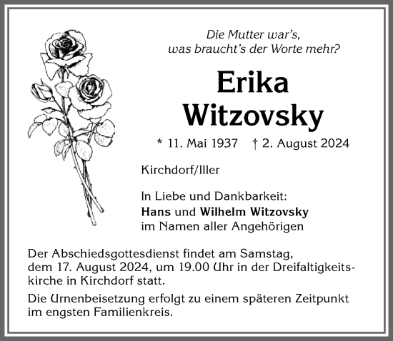 Traueranzeige von Erika Witzovsky von Memminger Zeitung
