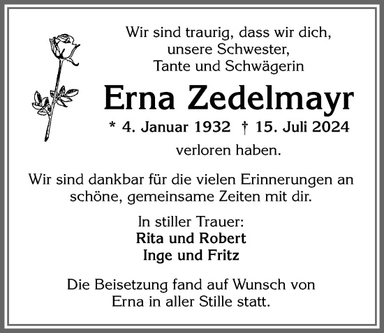 Traueranzeige von Erna Zedelmayr von Allgäuer Zeitung,Kempten