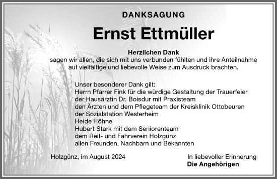 Traueranzeige von Ernst Ettmüller von Memminger Zeitung