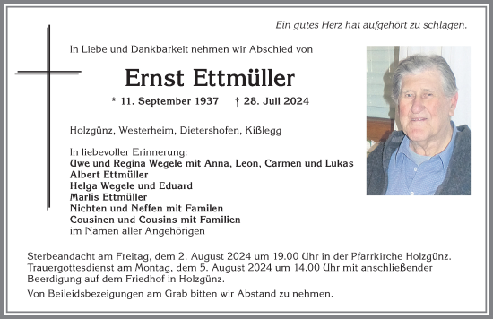 Traueranzeige von Ernst Ettmüller von Memminger Zeitung
