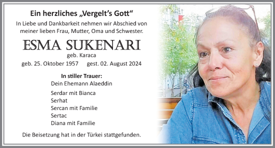 Traueranzeige von Esma Sukenari von Allgäuer Zeitung, Kaufbeuren/Buchloe