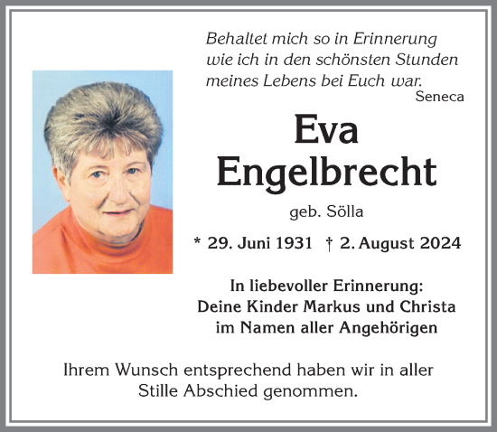 Traueranzeige von Eva Engelbrecht von Allgäuer Zeitung, Kaufbeuren/Buchloe