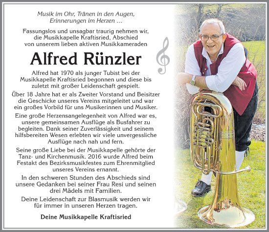 Traueranzeige von Alfred Rünzler von Allgäuerzeitung Marktoberdorf 