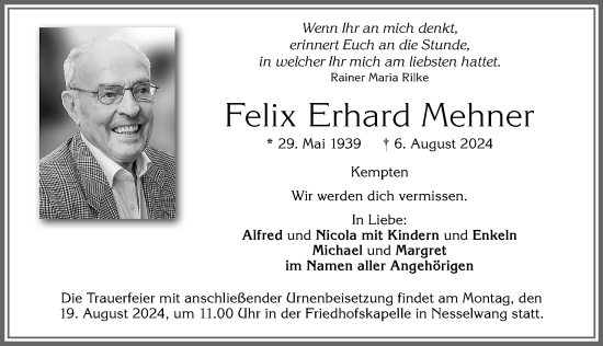 Traueranzeige von Felix Erhard Mehner von Allgäuer Zeitung, Füssen