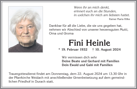 Traueranzeige von Fini Heinle von Allgäuer Zeitung,Kempten