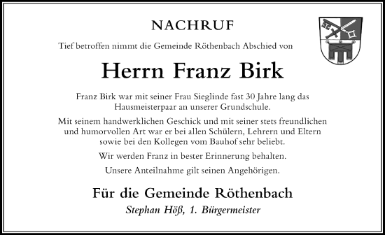Traueranzeige von Franz Birk von Der Westallgäuer