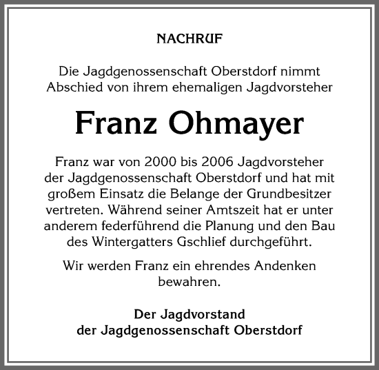 Traueranzeige von Franz Ohmayer von Allgäuer Anzeigeblatt