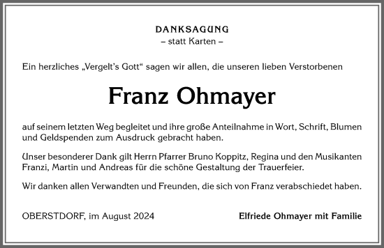 Traueranzeige von Franz Ohmayer von Allgäuer Anzeigeblatt