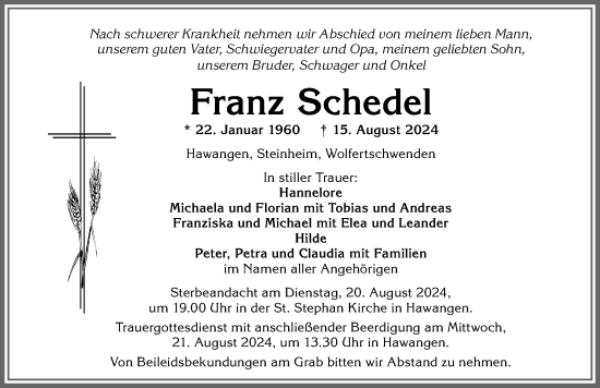 Traueranzeige von Franz Schedel von Memminger Zeitung