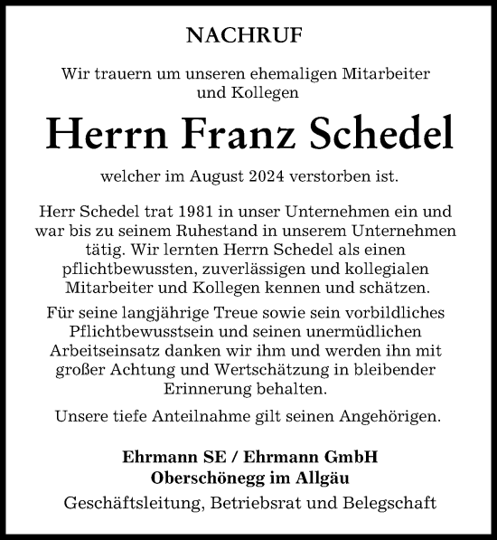 Traueranzeige von Franz Schedel von Augsburger Allgemeine, Mindelheimer Zeitung