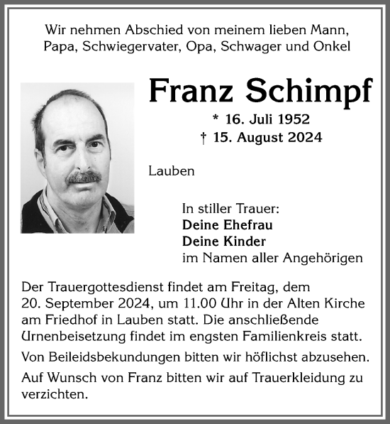 Traueranzeige von Franz Schimpf von Allgäuer Zeitung,Kempten