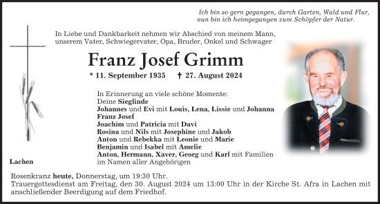 Traueranzeige von Franz Josef Grimm von Memminger Zeitung