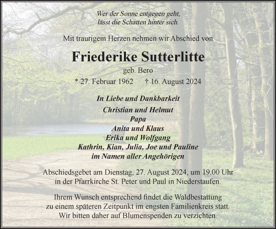 Traueranzeige von Friederike Sutterlitte von Der Westallgäuer