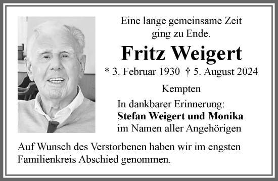 Traueranzeige von Fritz Weigert von Allgäuer Zeitung,Kempten