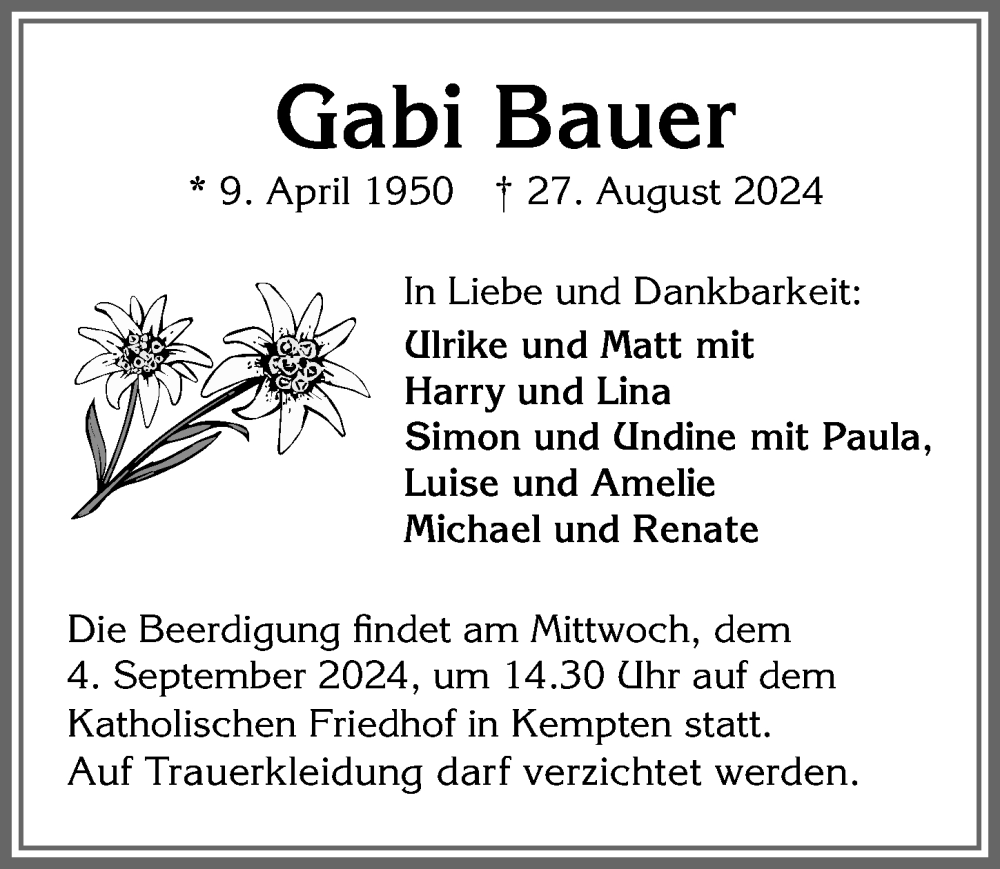  Traueranzeige für Gabi Bauer vom 31.08.2024 aus Allgäuer Zeitung,Kempten