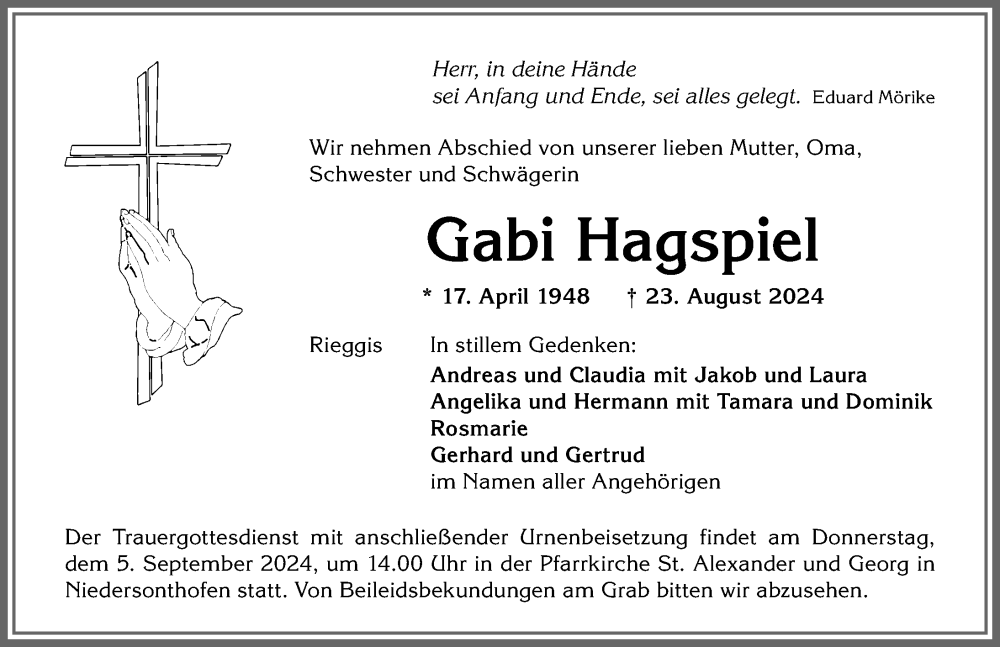 Traueranzeige für Gabi Hagspiel vom 31.08.2024 aus Allgäuer Zeitung,Kempten