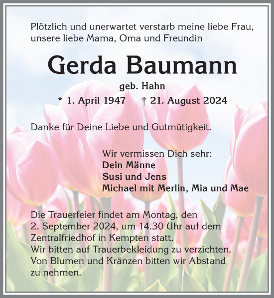 Traueranzeige von Gerda Baumann von Allgäuer Zeitung,Kempten
