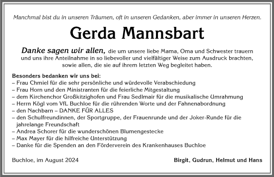 Traueranzeige von Gerda Mannsbart von Allgäuer Zeitung, Kaufbeuren/Buchloe