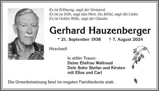 Traueranzeige von Gerhard Hauzenberger von Allgäuer Zeitung, Kaufbeuren/Buchloe