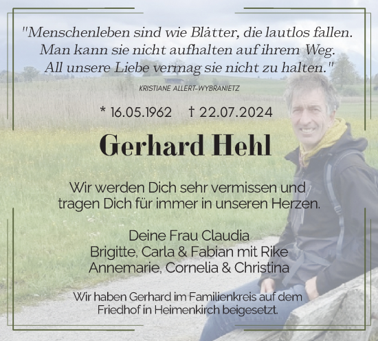 Traueranzeige von Gerhard Hehl von Der Westallgäuer