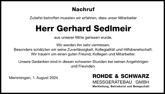 Traueranzeige von Gerhard Sedlmeir von Memminger Zeitung