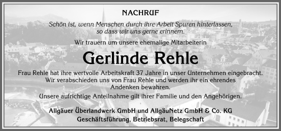 Traueranzeige von Gerlinde Rehle von Allgäuer Zeitung,Kempten