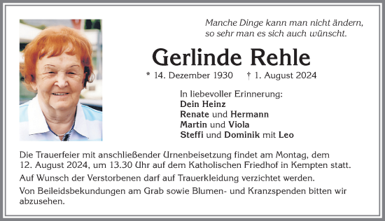 Traueranzeige von Gerlinde Rehle von Allgäuer Zeitung,Kempten