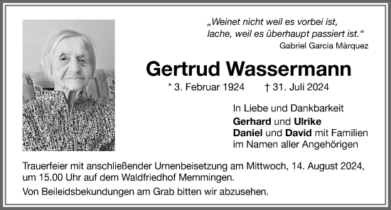 Traueranzeige von Gertrud Wassermann von Memminger Zeitung