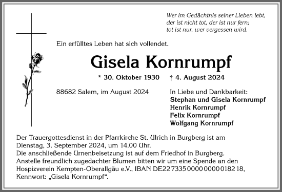 Traueranzeige von Gisela Kornrumpf von Allgäuer Anzeigeblatt