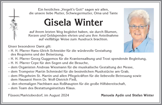 Traueranzeige von Gisela Winter von Allgäuer Zeitung, Füssen