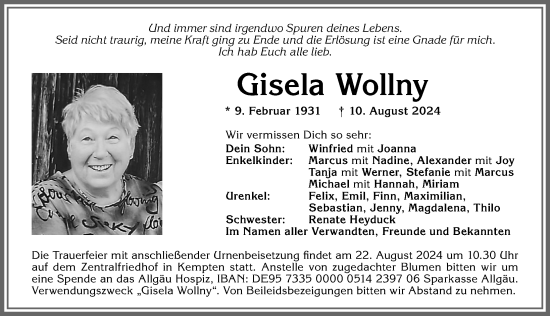 Traueranzeige von Gisela Wollny von Allgäuer Zeitung,Kempten