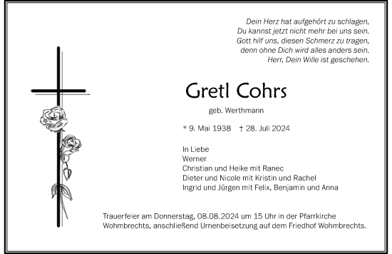 Traueranzeige von Gretl Cohrs von Der Westallgäuer