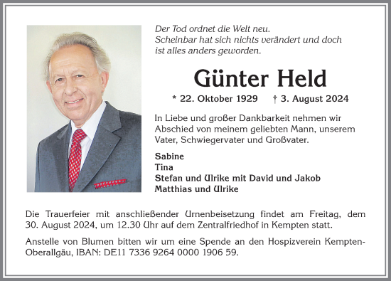 Traueranzeige von Günter Held von Allgäuer Zeitung,Kempten