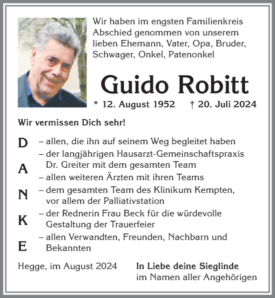 Traueranzeige von Guido Robitt von Allgäuer Zeitung,Kempten