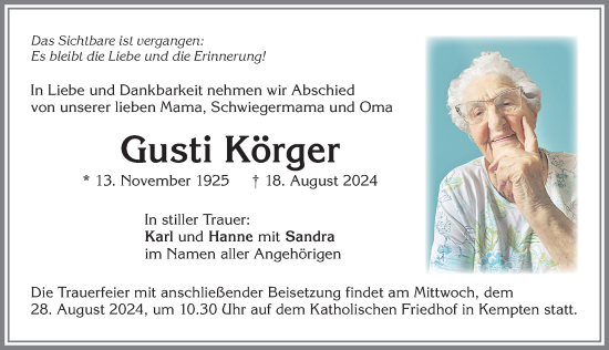 Traueranzeige von Gusti Körger von Allgäuer Zeitung,Kempten