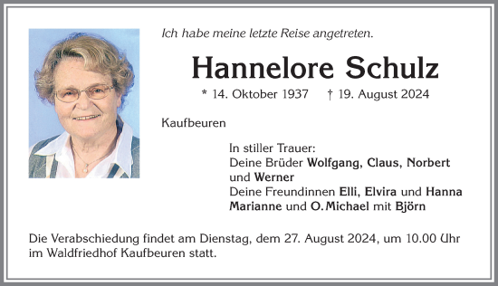 Traueranzeige von Hannelore Schulz von Allgäuer Zeitung, Kaufbeuren/Buchloe