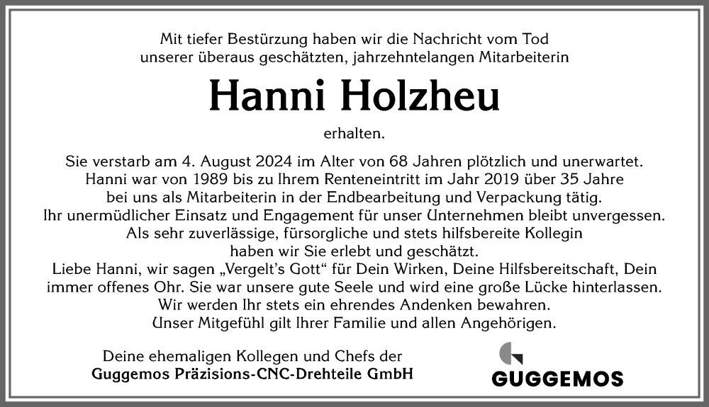  Traueranzeige für Hanni Holzheu vom 10.08.2024 aus Allgäuer Zeitung, Füssen